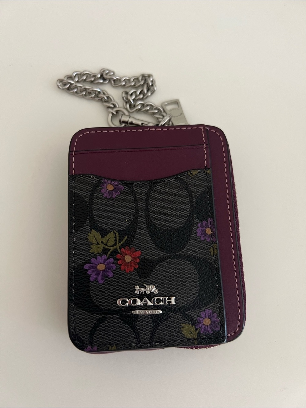COACH Purple Floral Signature Zip Card Case with Chain